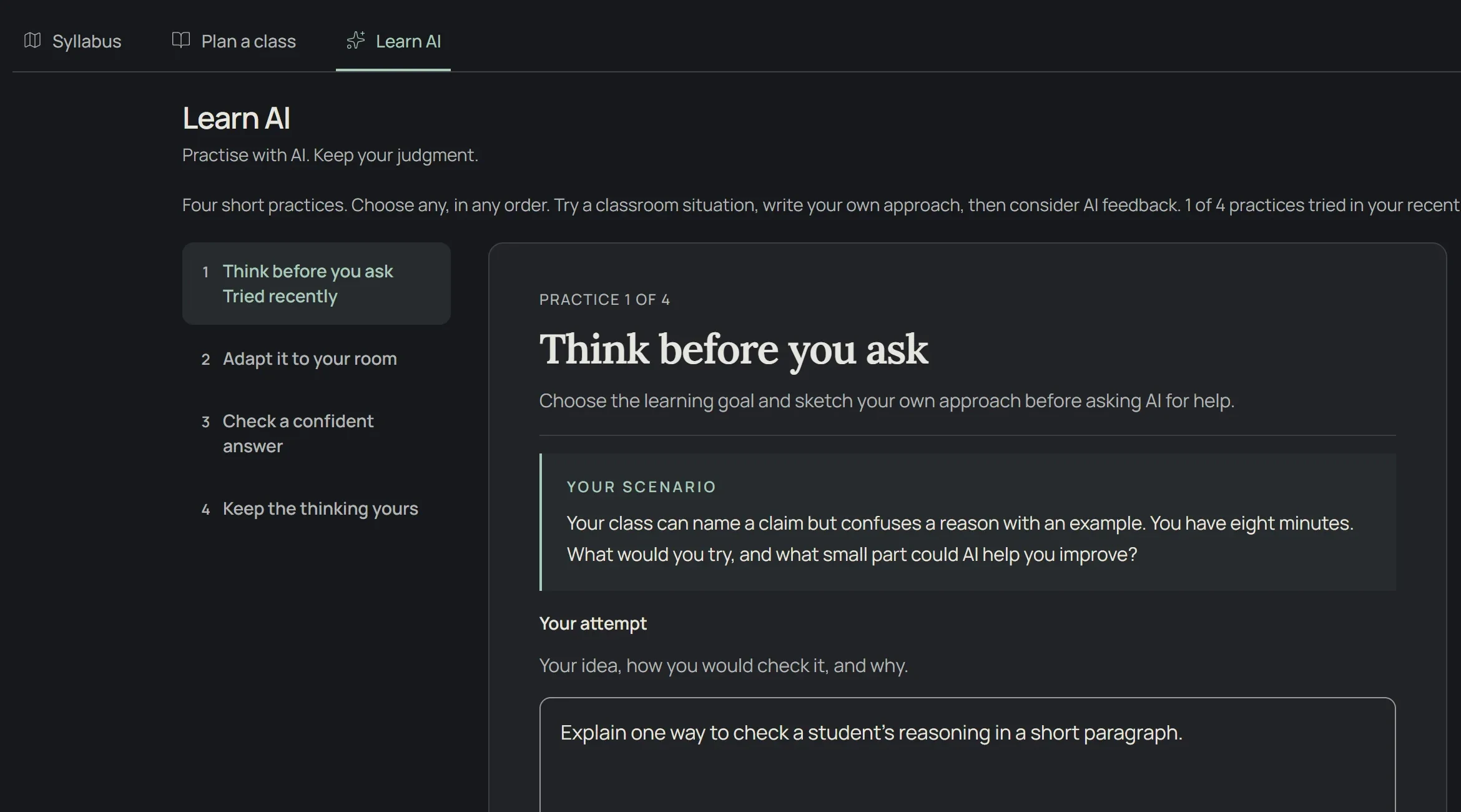 Teacher Assistance with the Syllabus, Plan a class and Learn AI rooms. Learn AI is open on a practice that asks the teacher to sketch their own approach before asking AI.