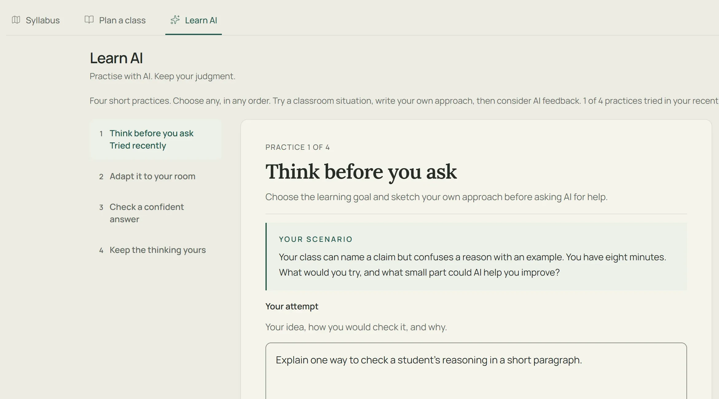 Teacher Assistance with the Syllabus, Plan a class and Learn AI rooms. Learn AI is open on a practice that asks the teacher to sketch their own approach before asking AI.