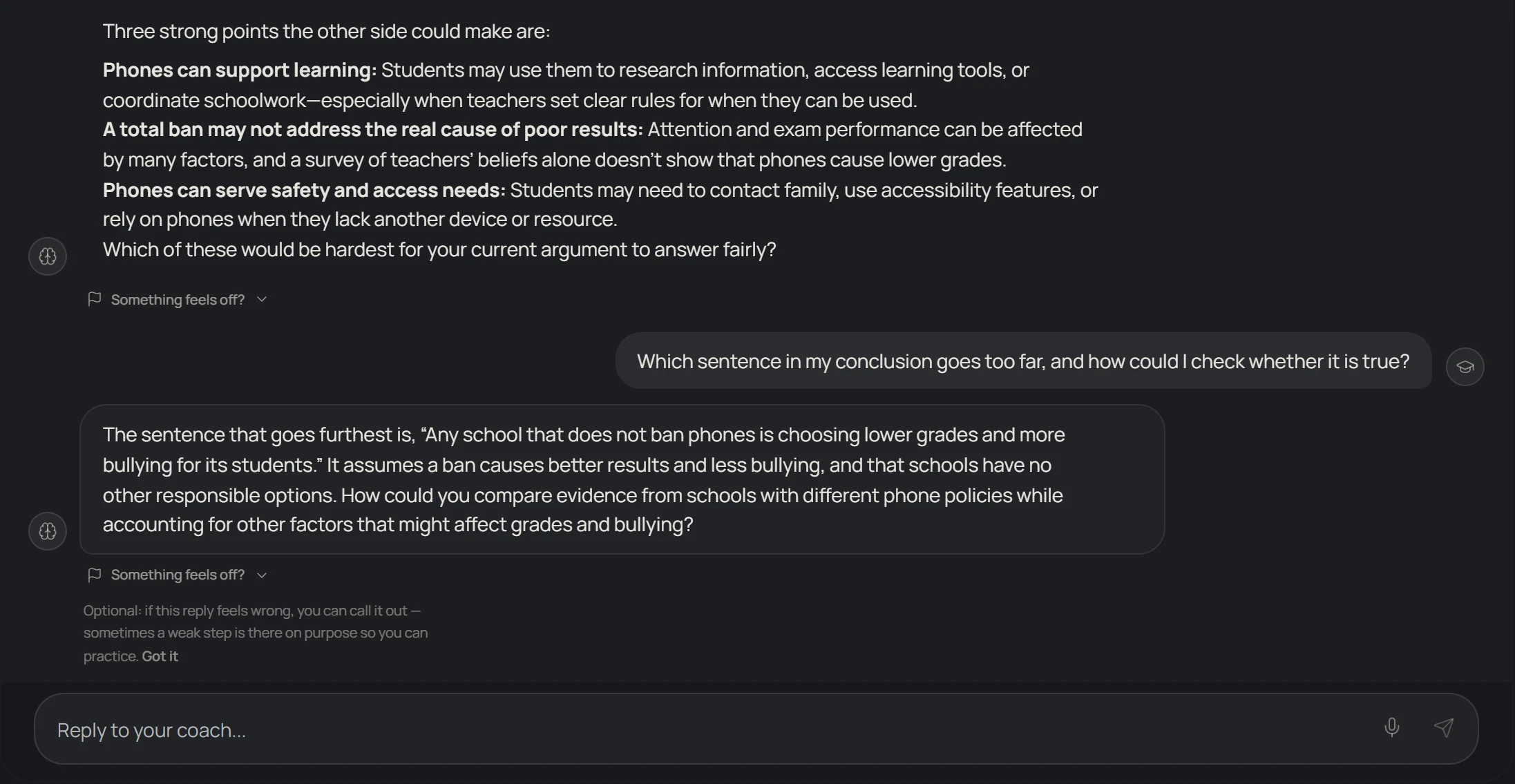Edudojo coach chat. A student asks which sentence in their conclusion goes too far; the coach names the sentence and asks how the student could check it.