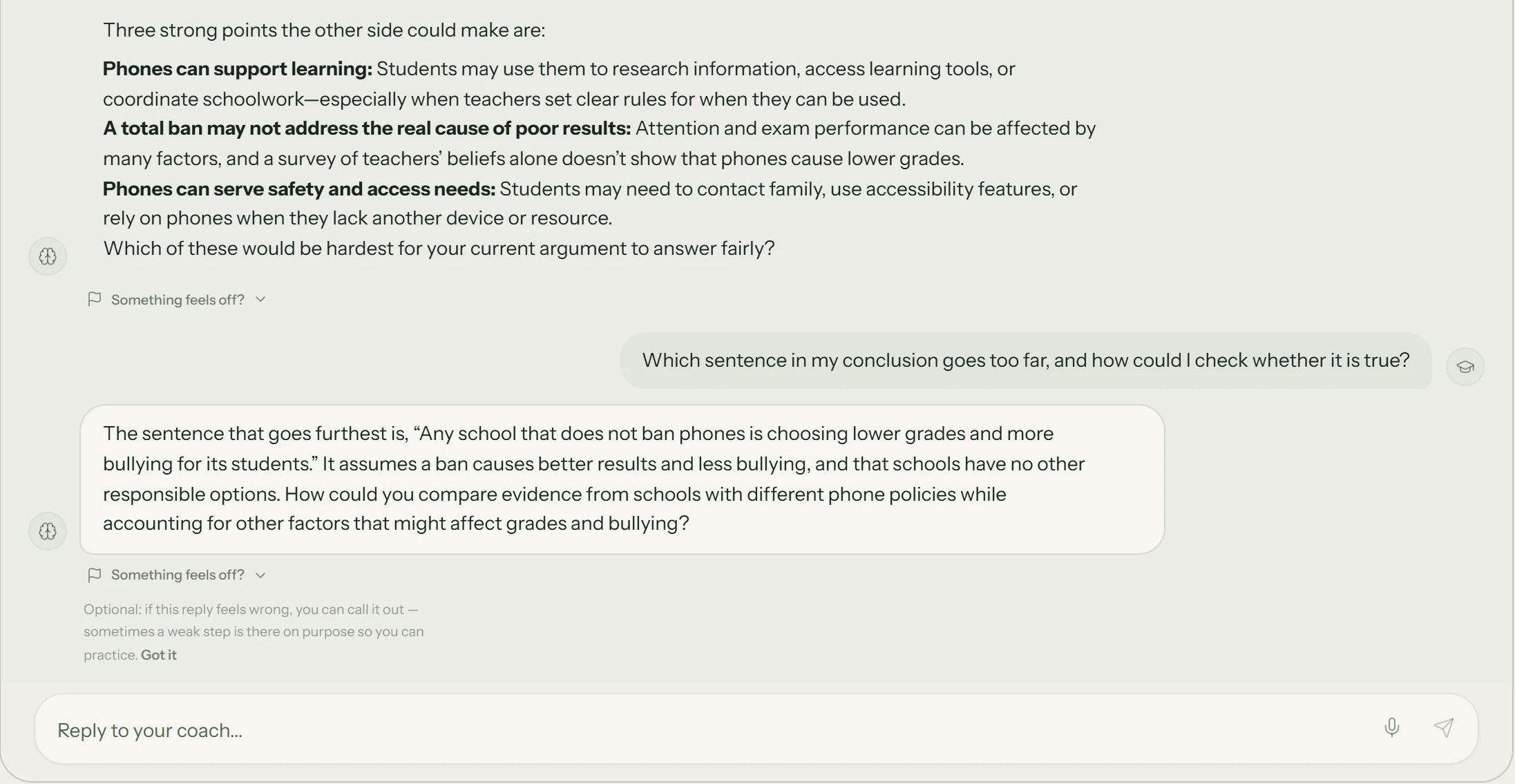 Edudojo coach chat. A student asks which sentence in their conclusion goes too far; the coach names the sentence and asks how the student could check it.