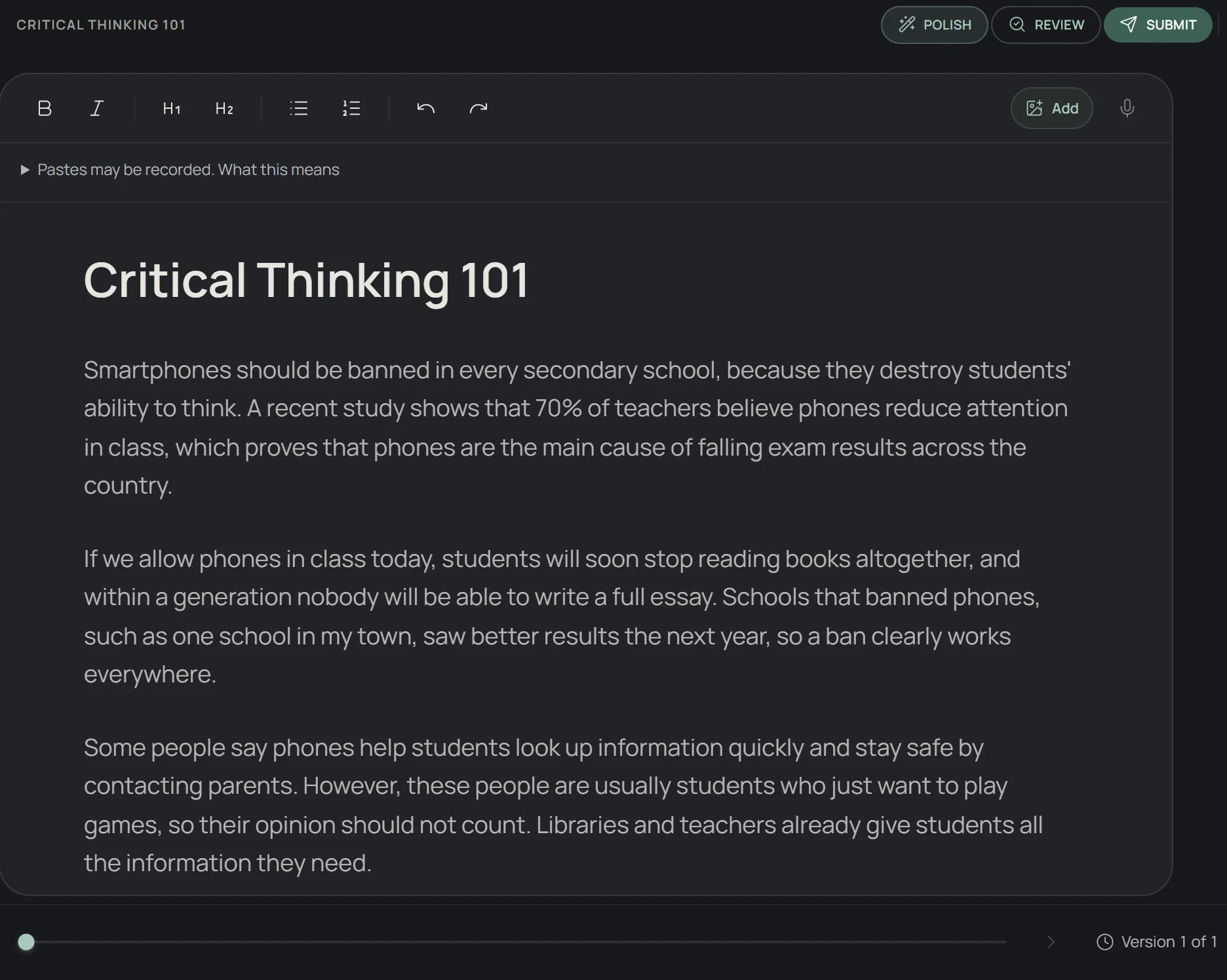 The student's editor for Critical Thinking 101 with Polish, Review and Submit buttons and a version slider.