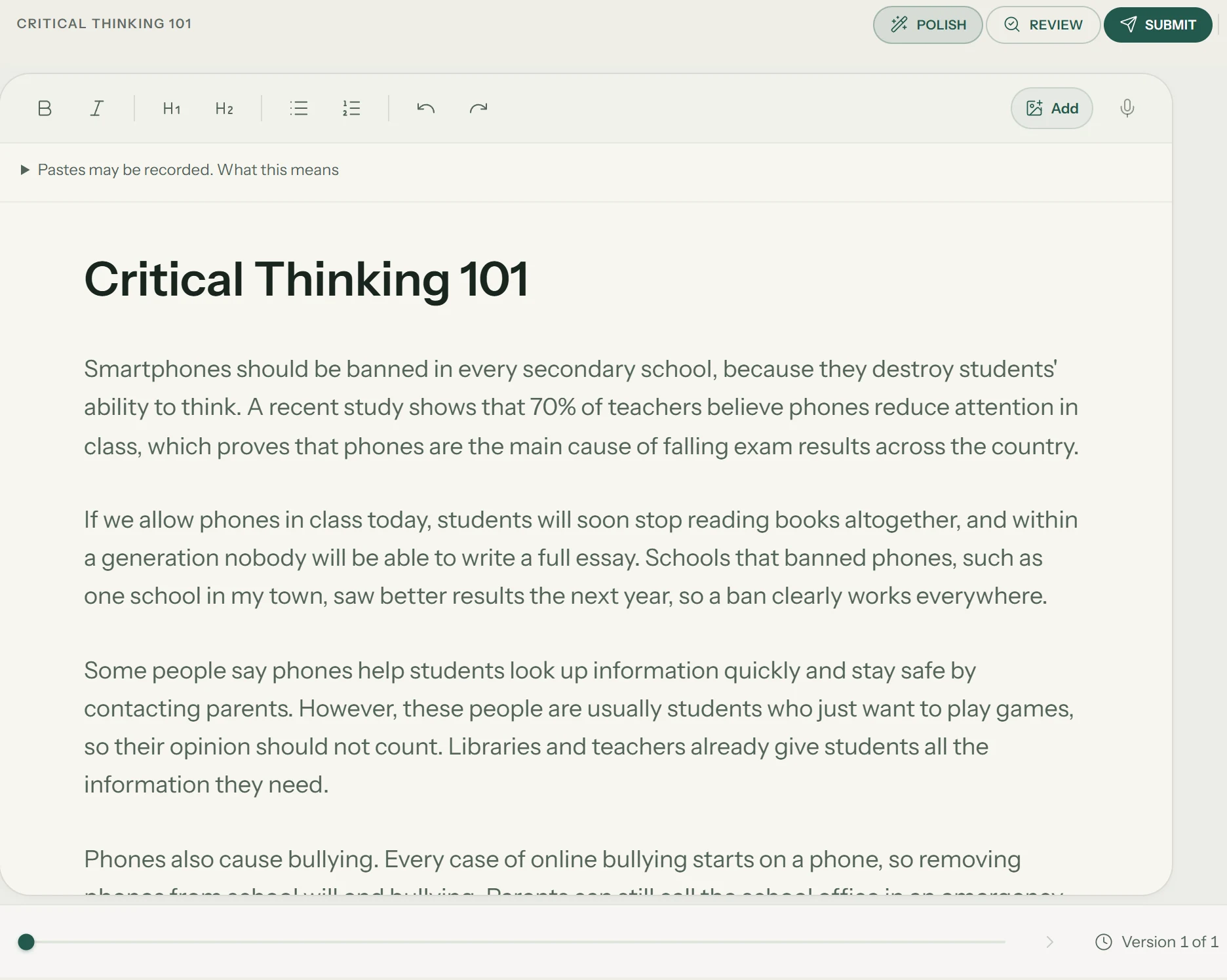 The student's editor for Critical Thinking 101 with Polish, Review and Submit buttons and a version slider.